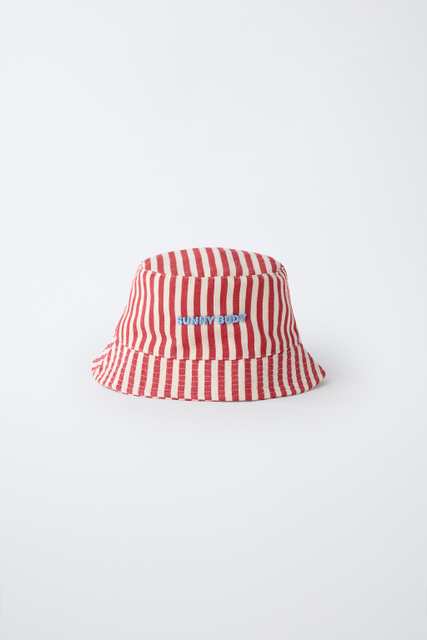 STRIPED BUCKET HAT WITH EMBROIDERED TEXT