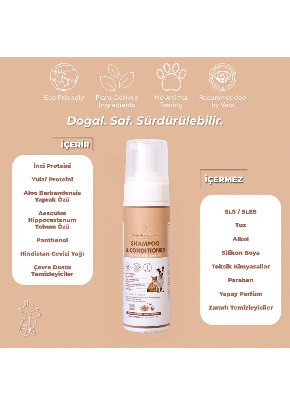 Shampoo Conditioner Organik İçerikli Nemlendirici Durulanmayan Kedi ve Köpek Kuru Köpük Şampuan 200 ml — صورة المنتج 4 من 5