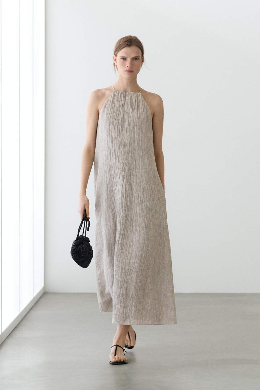 Flowing linen blend dress with gathered neckline — Product image 8 of 14