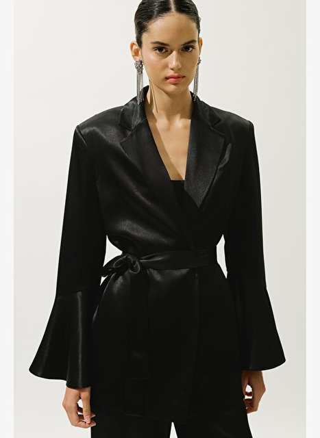 Satin Belted Evening Jacket Black