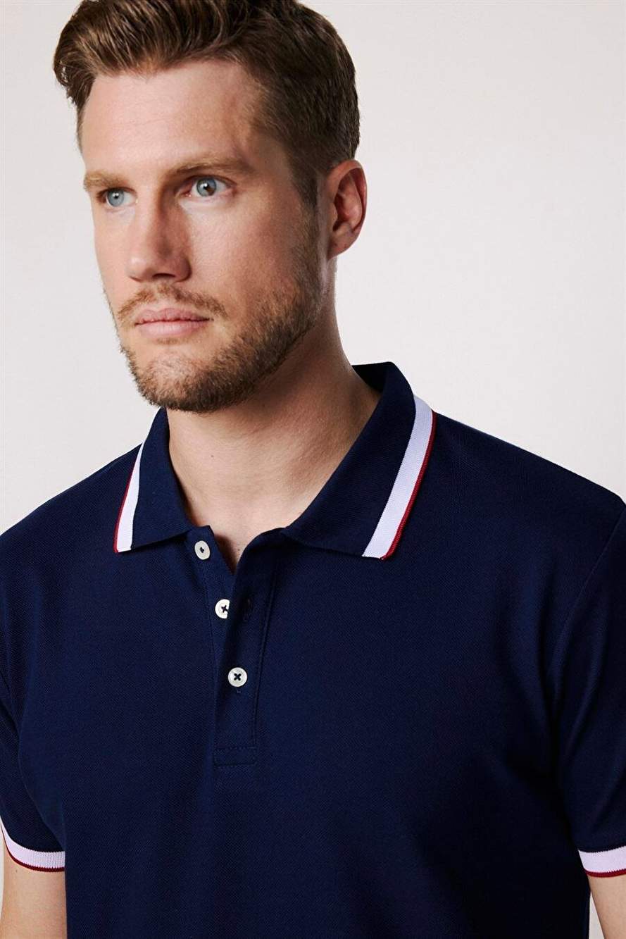 Erkek Slim Fit Dar Kesim %100 Pamuk Düz Pike Kol Şeritli Lacivert Polo Yaka Tişört — Product image 3 of 5