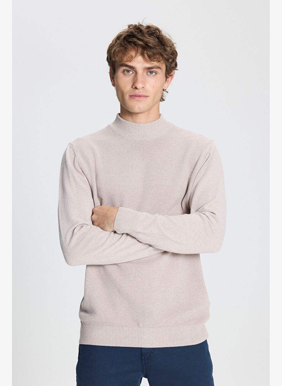 Men's Beige Standard Fit Normal Cut Yarm Balkc Collar Cotton Sweater — Product image 3 of 5