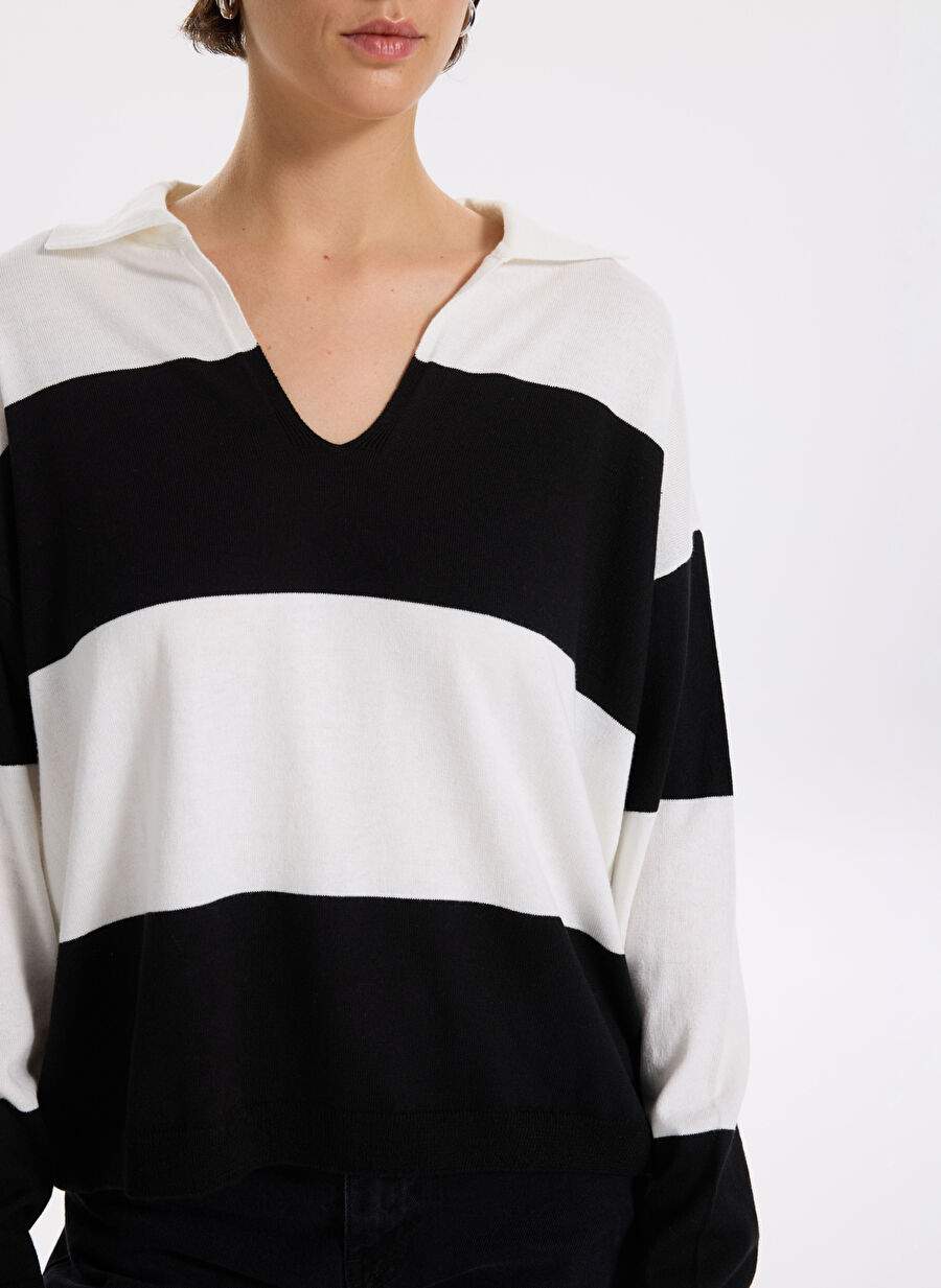 Polo Collar Striped Black - White Sweater Women F3WL-KZK2 — Product image 5 of 6