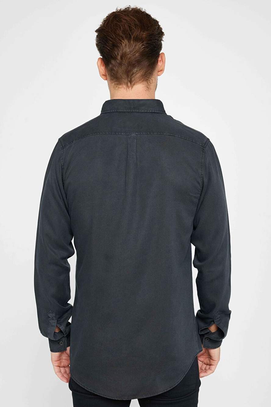 Erkek Slim Fit Dar Kesim Uzun Kollu Denim Tek Cepli Siyah Spor Yaka Gömlek — صورة المنتج 5 من 5