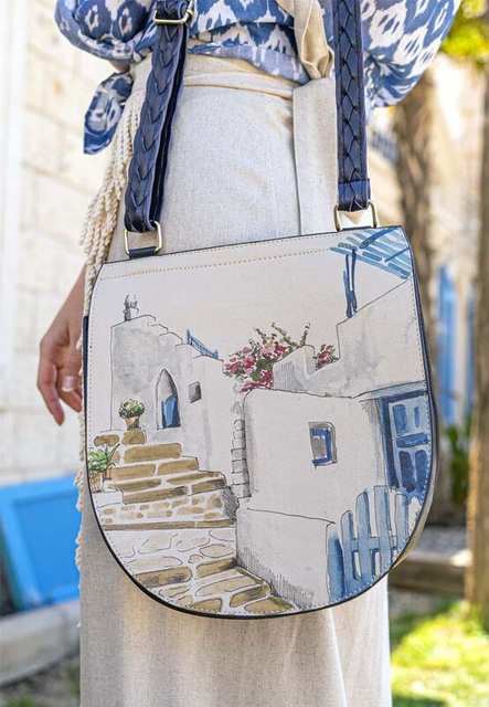Women Vegan Leather Cream Shoulder Bag - Paperflower Design