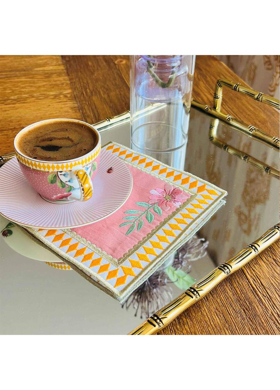 Pembe ve Sarı Damalı Keten 2'li Kokteyl Peçetesi — صورة المنتج 4 من 4