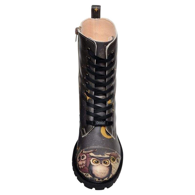 Women Vegan Leather Black Zipper Long Boots - Owls Family Design — Product image 5 of 6