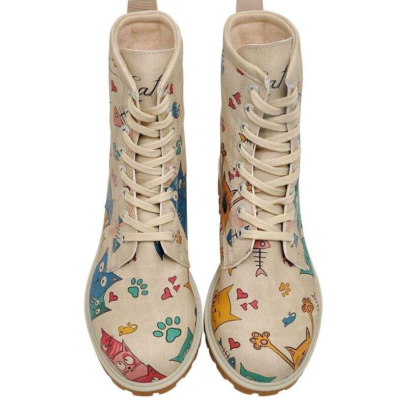 Women Vegan Leather Beige Long Boots - Cat Lovers Design — Product image 3 of 8