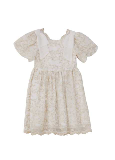 Golden Embroidered Tulle White Short Sleeve Girl Children Dress