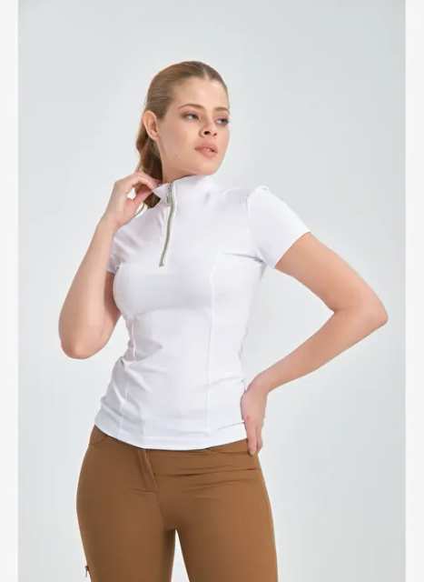 Beyaz Renk Kisa Kollu Fermuarli Binici Kadin T Shirt