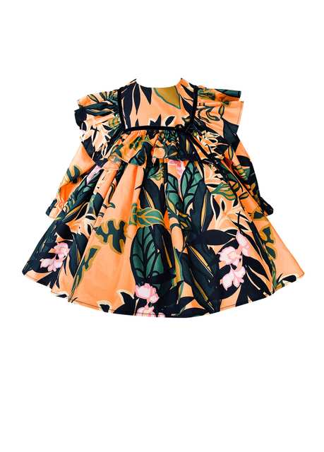 Colored Cotton Poplin Girl Dress With Retro Pattern