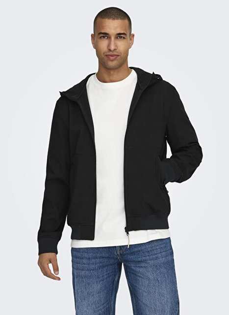 Only & Sons Siyah Erkek Kapüşon Düz Mont ONSBOWIE SOFTSHELL BOMBER OTW NOOS