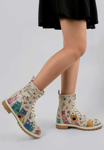 Women Vegan Leather Beige Long Boots - Cat Lovers Design