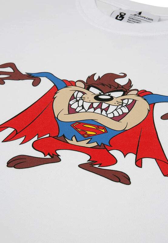 Men Vegan White T-Shirt - Warner Bros Tasmanian x Superman Design — صورة المنتج 3 من 3