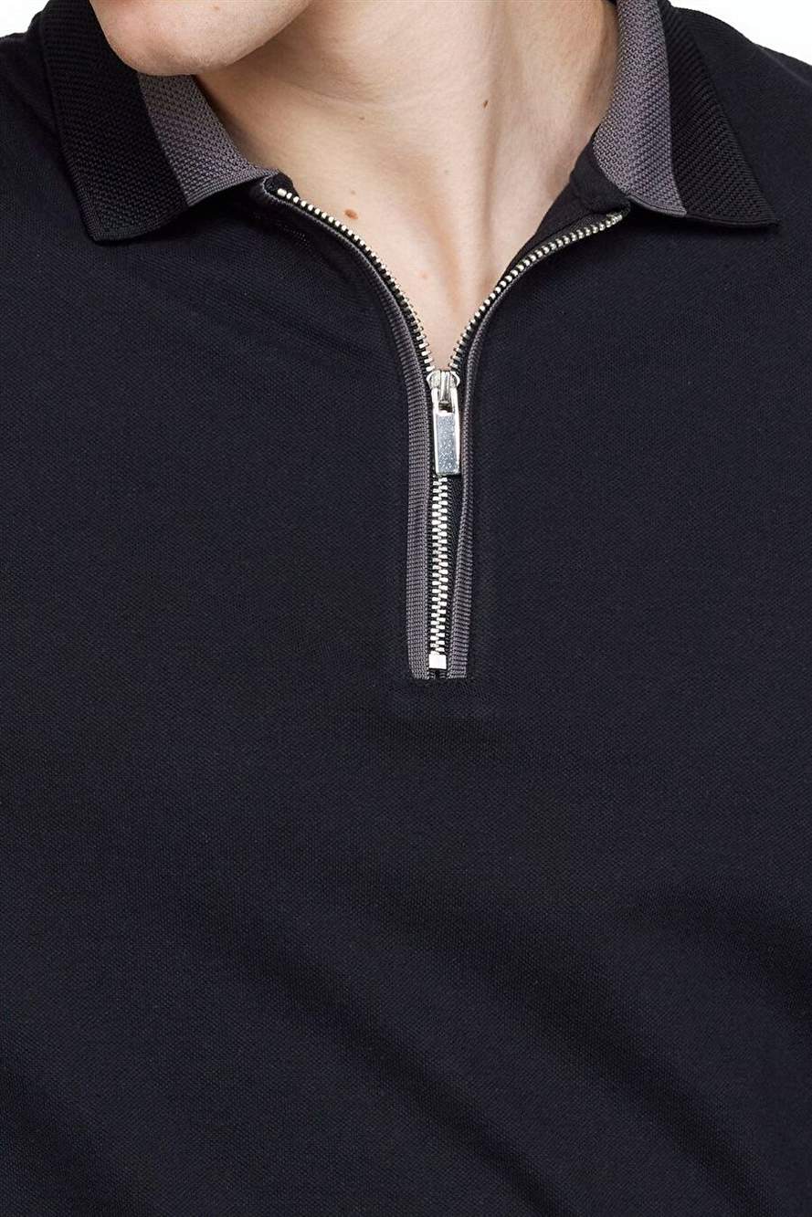 Erkek Slim Fit Dar Kesim %100 Pamuk Düz Pike Fermuarlı Siyah Polo Yaka Tişört — Product image 5 of 5