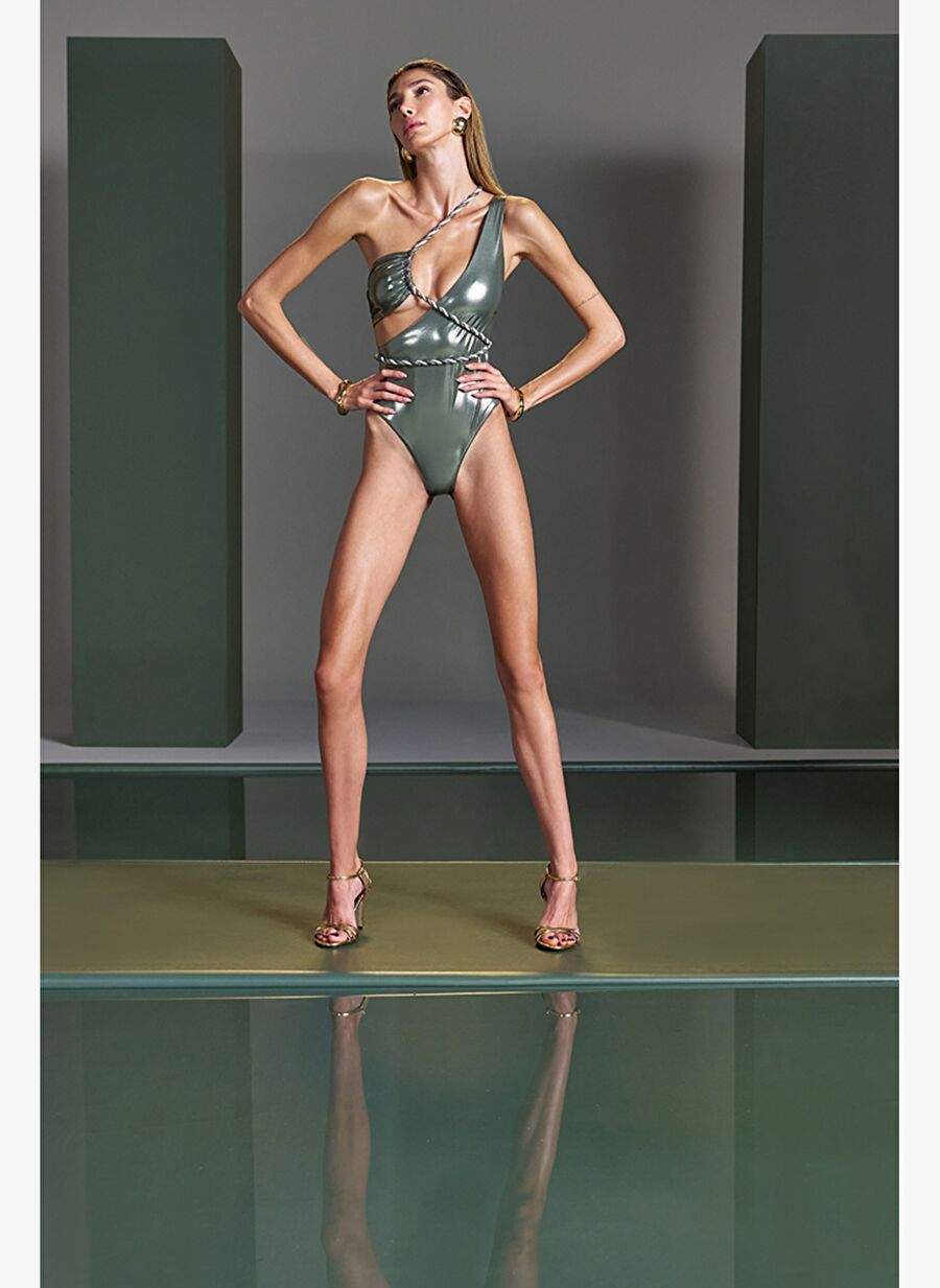 Celestial emerald gleam curled asymmetrical swimsuit — صورة المنتج 3 من 5