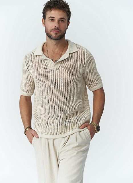 Robert Men's Polo Collar Naturel Sweater T-Shirt