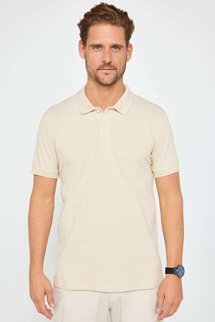 Erkek Slim Fit Dar Kesim %100 Pamuk Düz Pike Taş Renk Polo Yaka Tişört