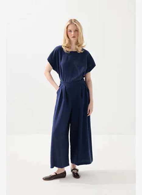 Gusto Bol Paça Tencel Pantolon - Lacivert