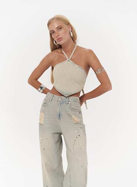 Seday Dirty Green Ucgen Kot Crop