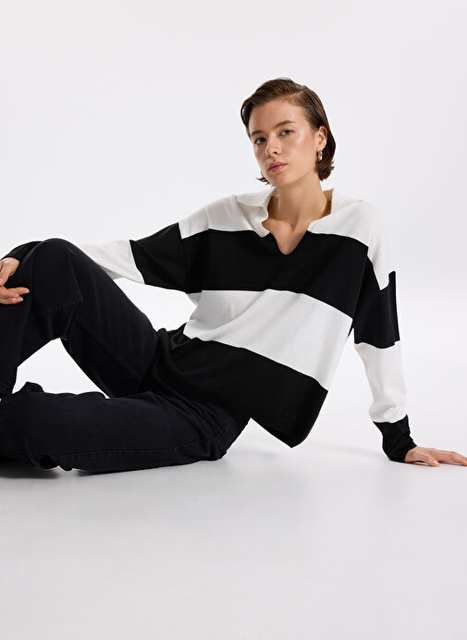 Polo Collar Striped Black - White Sweater Women F3WL-KZK2