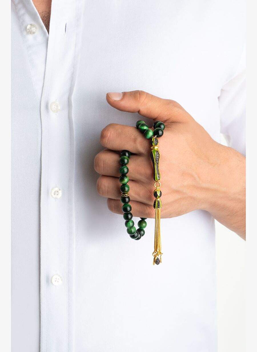 Dogal Kaplan Gozu Tasl 18 Ayar Sar Altn Kaplama 25 Cm Gumus Tesbih — Product image 3 of 5