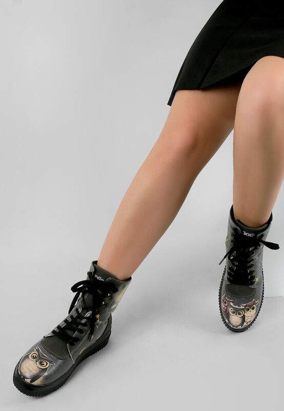 Women Vegan Leather Black Long Boots - Owls Family Design — Product image 7 of 8