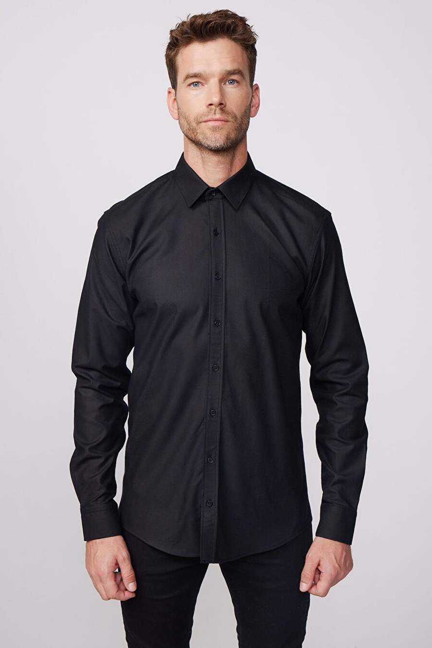 Modern Fit Uzun Kollu %100 Pamuk Armürlü Premium Erkek Siyah Gömlek — صورة المنتج 3 من 5