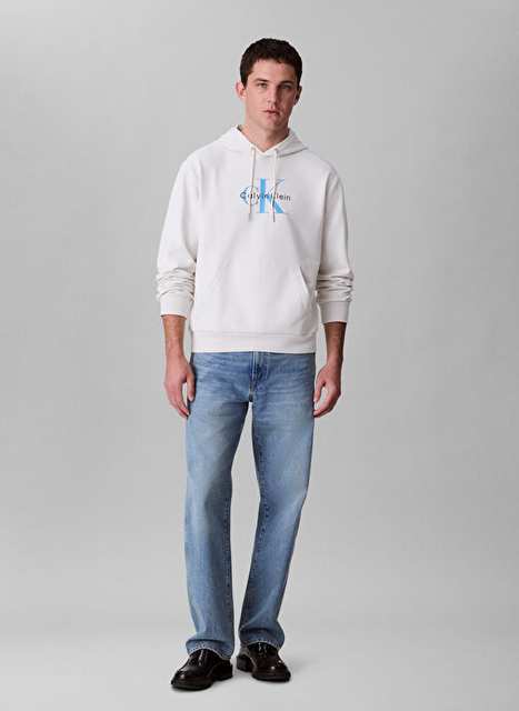Calvin Klein Jeans Beyaz Erkek Kapuson Regular Fit Baskl Sweatshirt Lv04rc282gyas Ls Eu Monologo 350ter