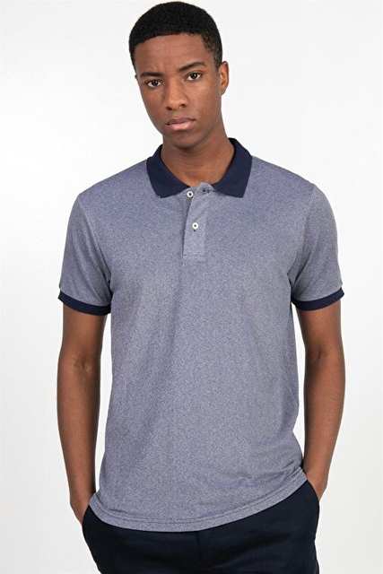 Erkek Slim Fit Dar Kesim %100 Pamuk Düz Pike Lacivert Polo Yaka Tişört