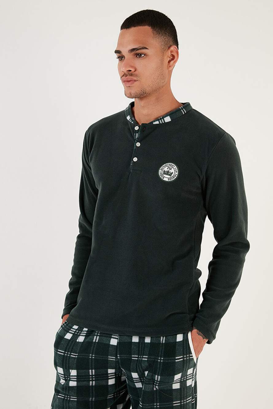 Buratti Ekoseli Regular Fit Düğmeli Bisiklet Yaka Kışlık Polar Pijama Takımı Erkek PİJAMA TAKIMI 609 — صورة المنتج 3 من 6