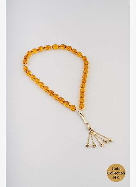 Dogal Amber Kehribar Tasl 14 Ayar Altn Tesbih
