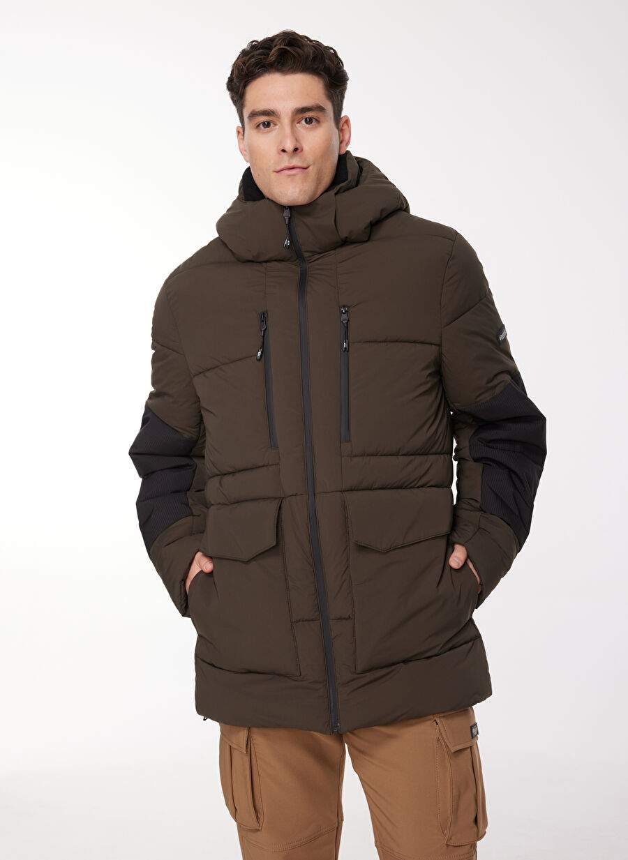Discovery Expedition Açık Haki Erkek Kapüşon Yaka Relaxed Fit Blok Desenli Kaban D3WM-KBN2 — صورة المنتج 3 من 7