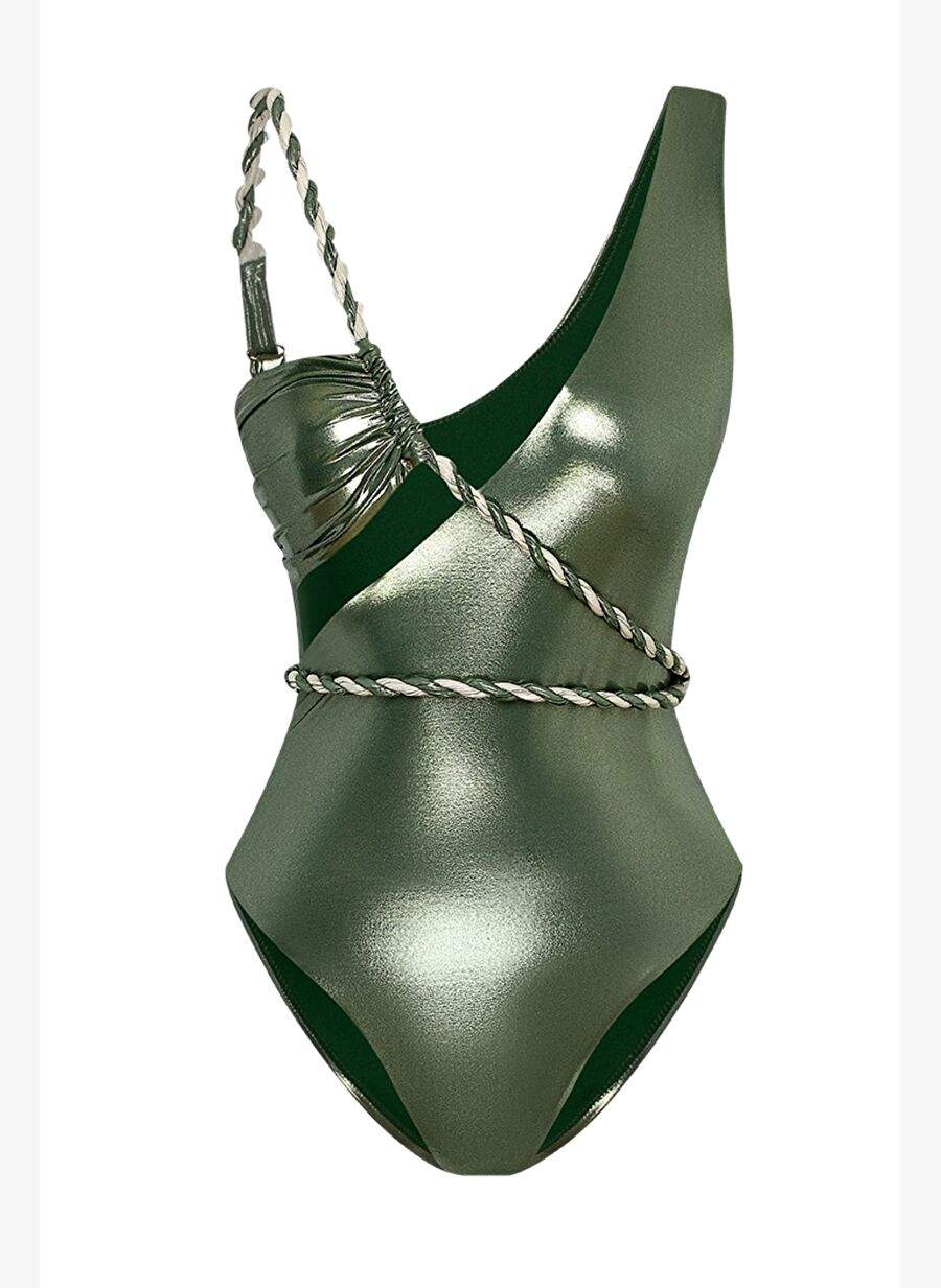 Celestial emerald gleam curled asymmetrical swimsuit — صورة المنتج 5 من 5