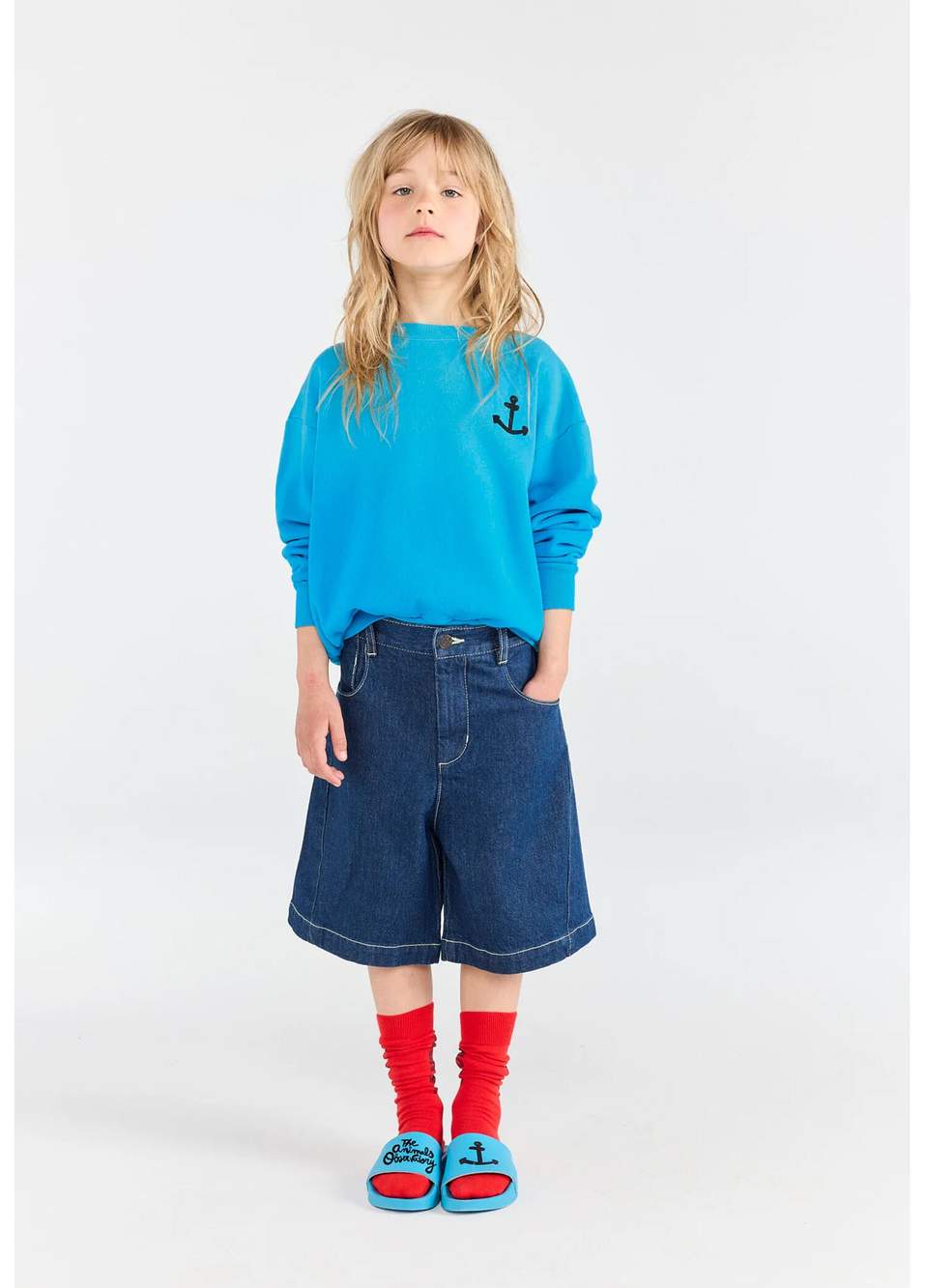 Blue Muntjac Navy Blue Denim Unisex Kids Shorts — صورة المنتج 4 من 4