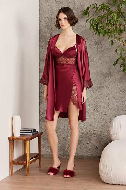 Pierre Cardin  Saten Gecelik Sabahlık Pijama Takım Şort Takım 6'lı Gelin Çeyiz Seti - 6000