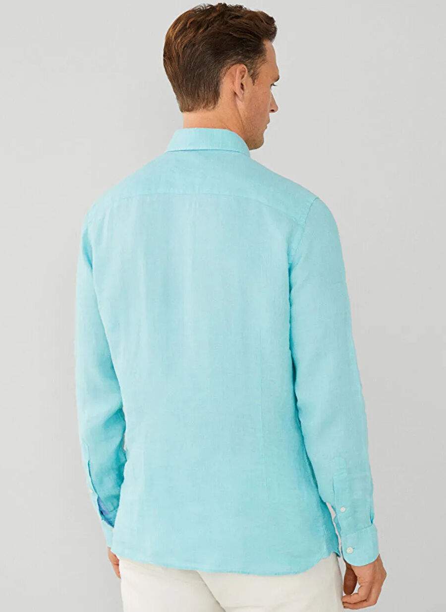 Yesil Erkek 100 Keten Slim Fit Gomlek Hm309839 — صورة المنتج 5 من 5
