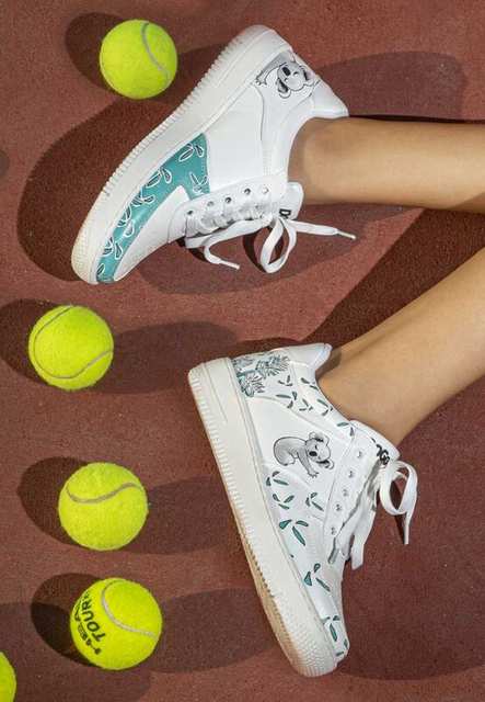 Women Vegan Leather White Sneakers - Koala Hug Design