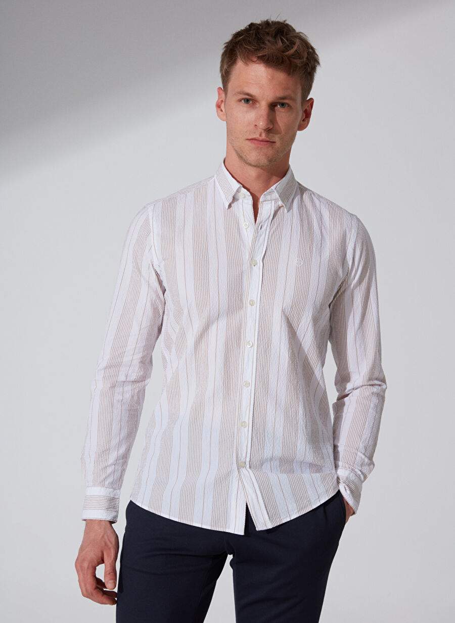 Beymen Business Ekru Melanj Erkek Düğmeli Slim Fit Çizgili Gömlek 4B2023200006 — Product image 3 of 5