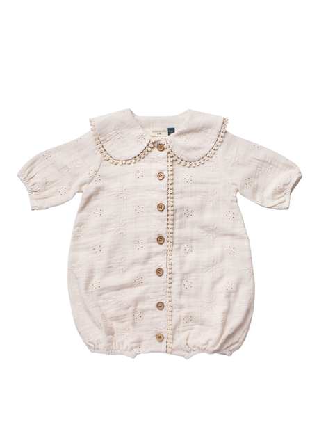 Cream Lace Collar Embroidered Short Sleeve Girl's Balloon Jumpsuit