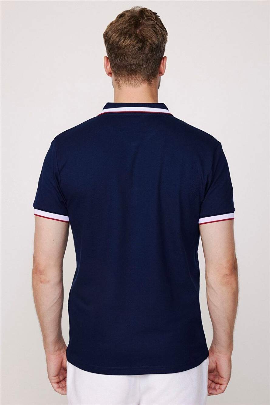 Erkek Slim Fit Dar Kesim %100 Pamuk Düz Pike Kol Şeritli Lacivert Polo Yaka Tişört — Product image 5 of 5