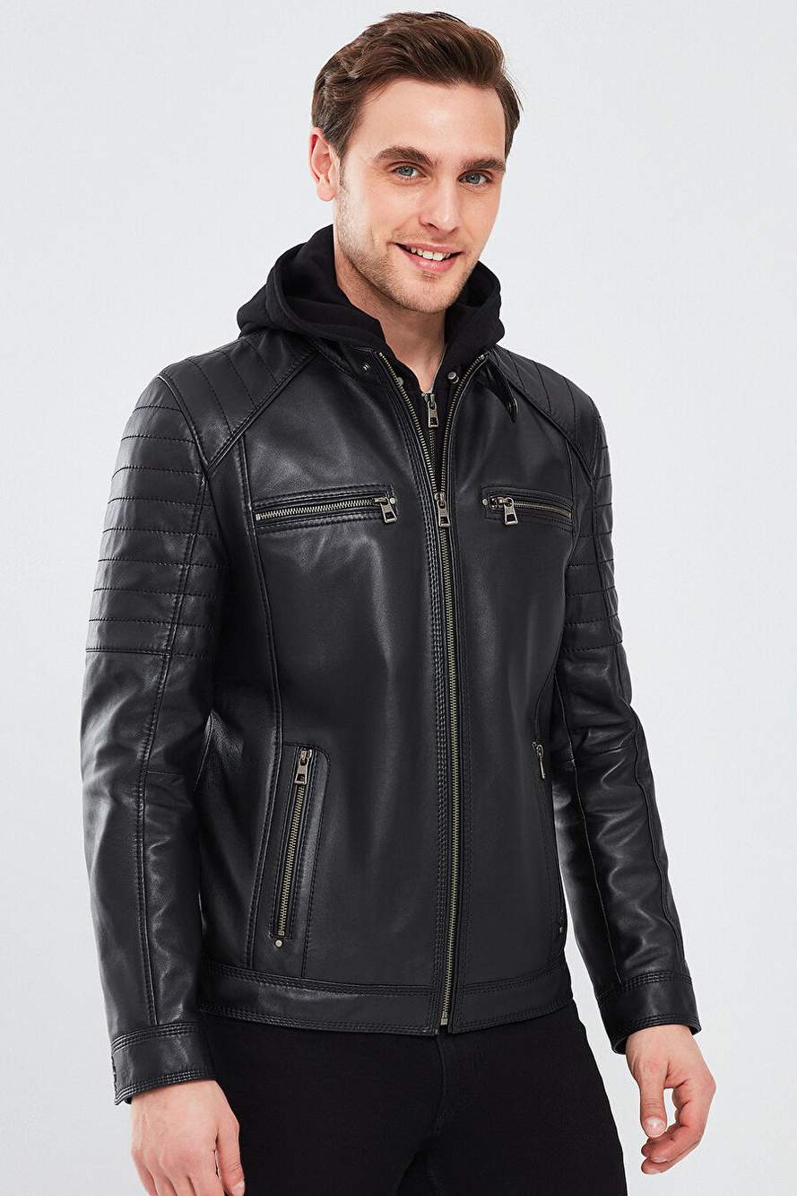 Sergio Men's Black Hooded Sports Leather Coat 24sge65191m — Product image 3 of 7