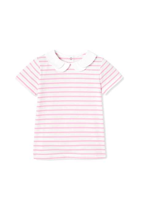 Pink Striped White Polo Collar Short Sleeve Girl T-shirt