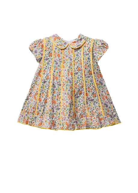 Ditsy Patterned Yellow Piping Short Sleeve Girl's Dress