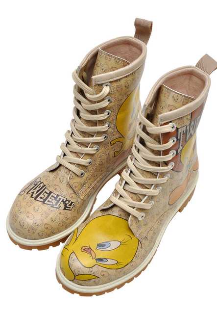 Women Vegan Leather Beige Long Boots - Warner Bros Tweety Moods Design