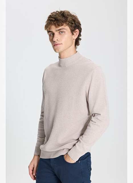 Men's Beige Standard Fit Normal Cut Yarm Balkc Collar Cotton Sweater