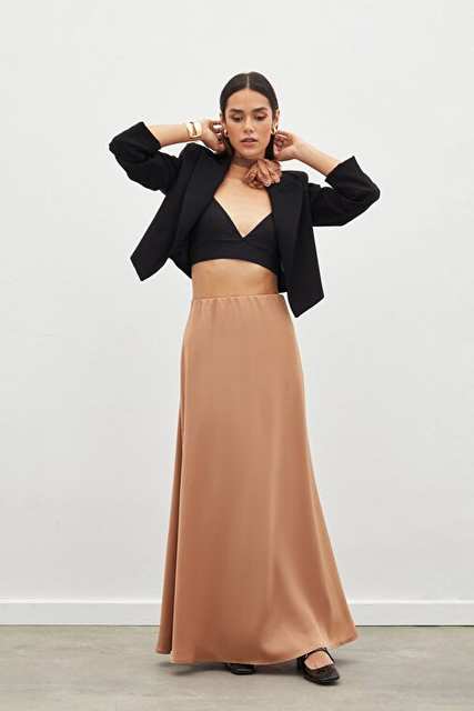Long Satin Skirt - Camel