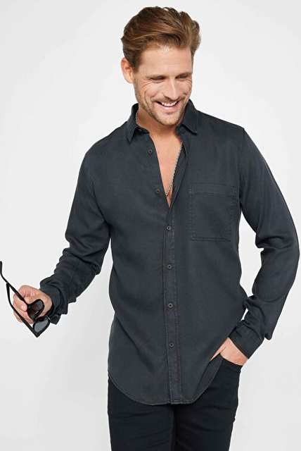 Men's Slim Fit Narrow Cut Long Sleeve Denim Single Pocket Black Sports Collar Golmet