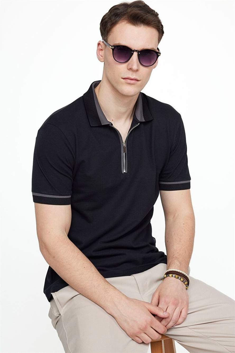 Erkek Slim Fit Dar Kesim %100 Pamuk Düz Pike Fermuarlı Siyah Polo Yaka Tişört — Product image 3 of 5