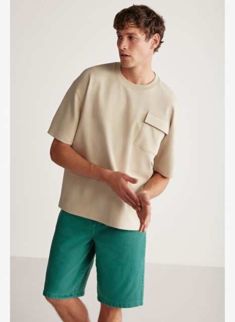 ARTUR Erkek Yaka Cep Detaylı Kalın Dokulu Kumaş Oversize Fit Bol Kesim Kısa Kollu Bej T-Shirt